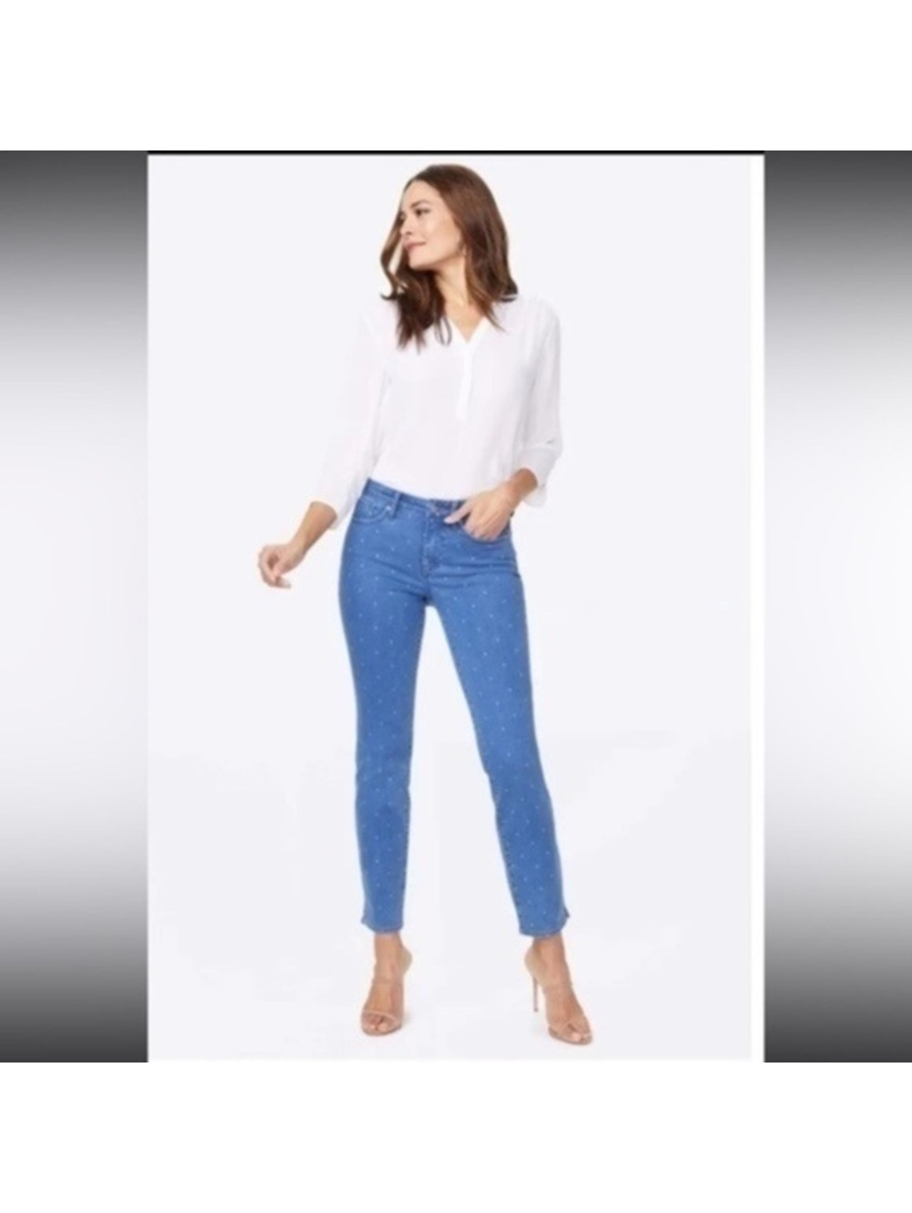 4 NYDJ Curve 360 Beach Polka Dot Slim Straight Ankle Side Slit Jeans